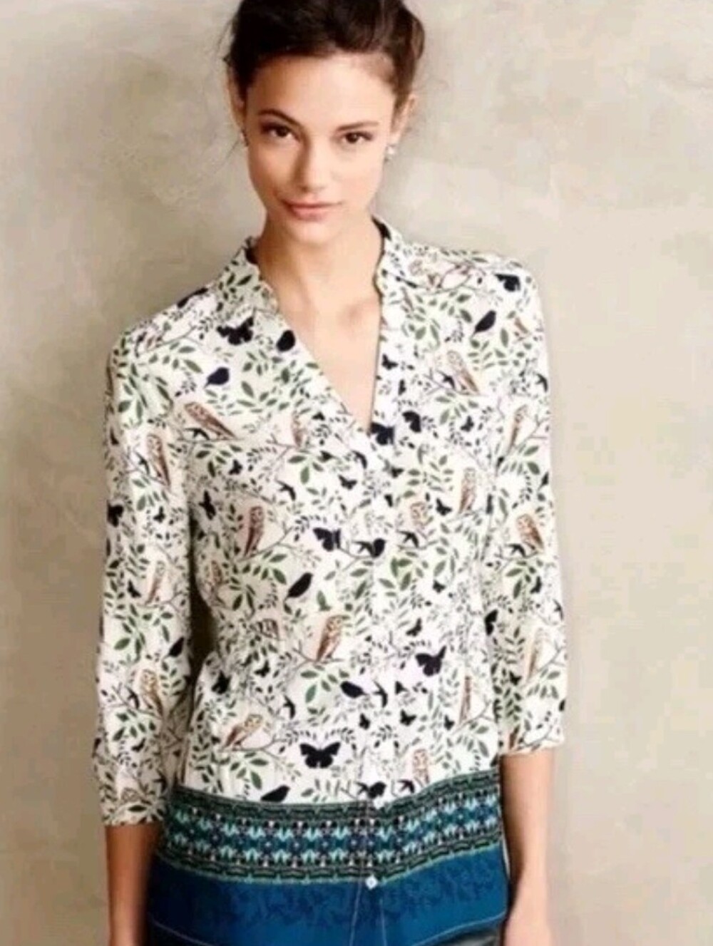 Anthropologie MAEVE "Woodland Walk"Owl & Leaf Print Women's Top